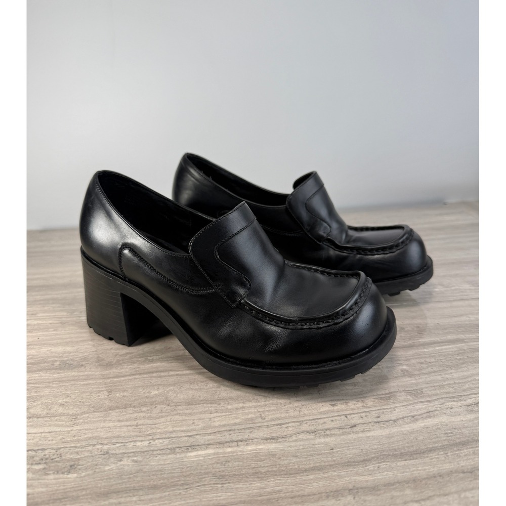 BP Leather Chunky Heel Lug Sole Platform Loafers Black Women 6.5 Goth Y2K 90s - Picture 2 of 10